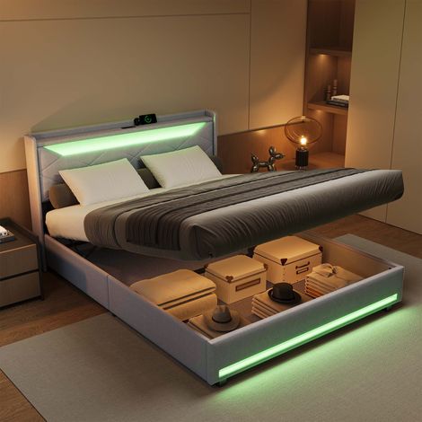 Lit coffre 140x190, lit 140x190 avec sommier, lit 2 places, lit adulte, ports USB et LED réglable, tissu en lin, gris (1/5)