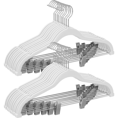 Cintres pour Pantalons, Lot de 20, en Velours, Longueur 42,5 cm, avec Pinces Réglables, Antiglisse, Gain de Place, pour Pantalons, Manteaux, Robes, Blanc (1/5)