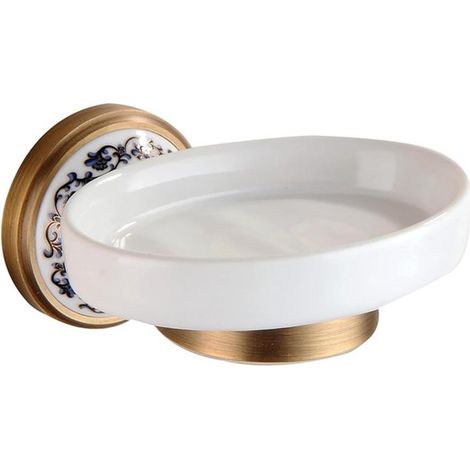 Portasapone da parete in ottone e porcellana con finitura bronzo anticato, accessorio da bagno. (1/5)