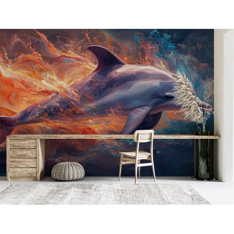 Papier peint animaux - dauphin nageant dans des volutes de feu - 150 x 250 cm (1/2)