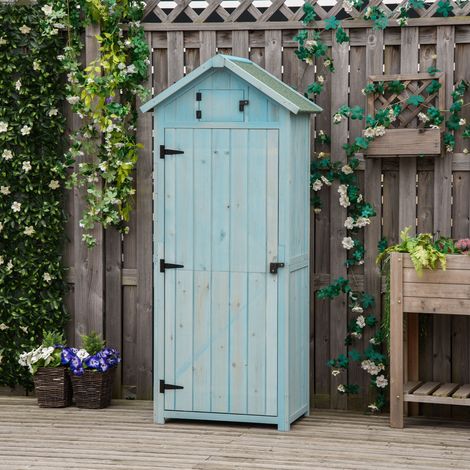 Outsunny Gartenschrank Holz, Geräteschuppen wetterfest 77x54,2x179cm, Gerätehaus mit Tür, Satteldach, Geräteschrank mit Böden, Werkzeugschrank Gartenschuppen für Garten, Terrasse, Hellblau+Grün
