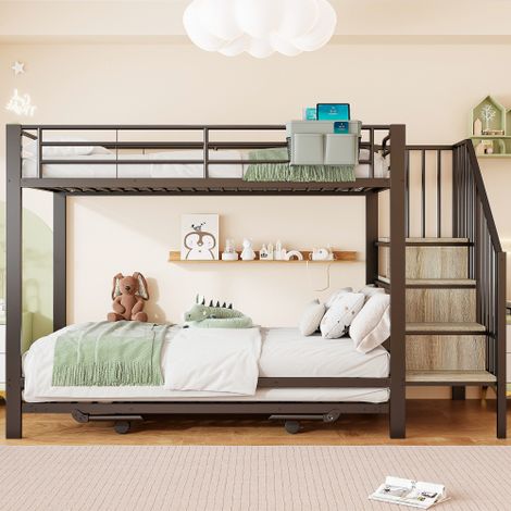 Lit superposé, structure en fer, lit gigogne multifonctionnel, sac de rangement en tissu, escalier avec espace de rangement intégré, matelas non inclus (1/5)