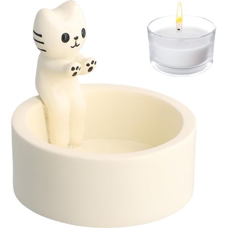 Bougeoir Chaton de Dessin Animé, Bougie en Forme de Chat Photophore, Bougeoir en Résine de Chaton avec Pattes Chauffantes, Chaton de Dessin Animé Candle Holder pour Amoureux des Chats (Blanc) (1/5)