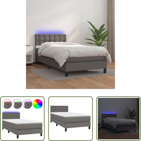 Kunstlederbett - Boxspringbett mit Matratze & LED Grau 100x200 cm Kunstleder (1/5)