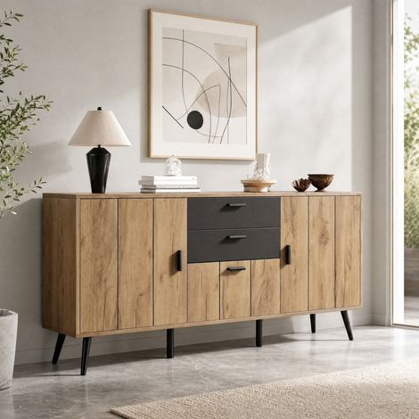 Credenza 140 x 35 x 67 cm in MDF nero e legno HAVRYA (1/5)