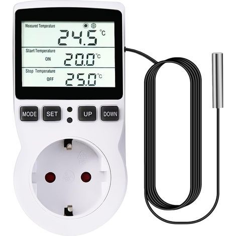 Prise thermostat numérique 250 V avec capteur de température & LCD - chauffage/refroidissement pour serre, terrarium, aquarium, reptiles (prise EU) (1/5)