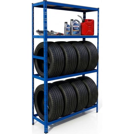 Relaxdays Scaffale per 8 pneumatici, 180 x 110 x 40 cm, acciaio, portata 600 kg, sistema a incastro, officina, blu