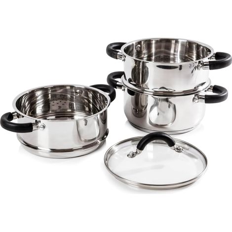 Tower T80836 Essentials Cuiseur Vapeur à Induction à 3 Étages en Inox -avec Couvercle en Verre, Poignées en Silicone - Électrique - Finition Poli-Miroir, 18 cm, Argenté (1/5)