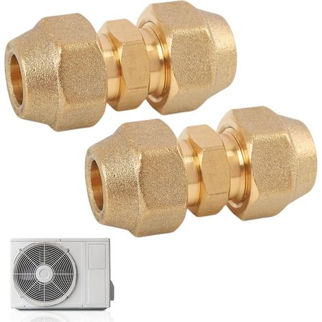 Lot de 2 raccords de climatisation de 3/8", double mamelon 3/8" en laiton pour tuyaux en cuivre de 9,52 mm, rallonge de tuyau en cuivre pour connecteur double articulé, pour installation à froid et (1/5)