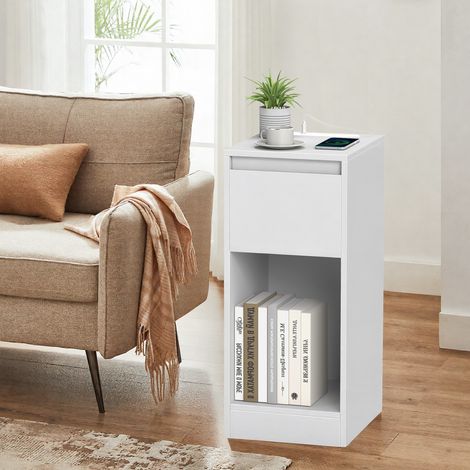 Table de Chevet Étroite avec LED, Lot de 2, Table d’Appoint, 1 Tiroir, 2 Ports de Charge, Chambre, Blanc (1/5)