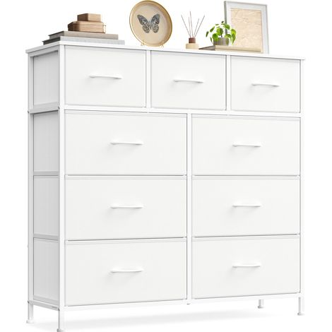 Commode, Meuble de Rangement pour Chambre, Couloir, Entrée, Salon, Cadre en Acier, 9 Tiroirs, Style Moderne, Blanc Nuage et Blanc Neige LGS324WH01 (1/5)