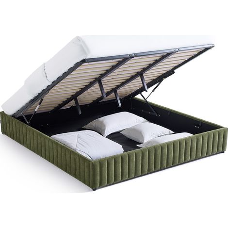 Lit coffre adulte 180x200 cm en tissu chenille vert kaki - Balto (1/5)