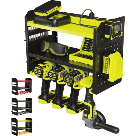 Support mural pour outils électriques – Étagère de rangement pour outils à main en métal robuste à 3 niveaux, supports utilitaires, support de perceuse, panneau perforé, et plus encore (1/5)