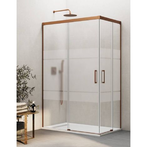 BASIC corner entry shower enclosure with two sliding doors and two fixed panels, 75x70 cm, Frost screen-printed glass, copper finish (1/5)