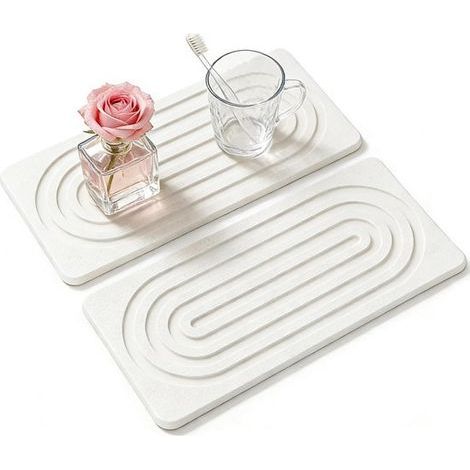 Dessous de verre en diatomite - Lot de 2 - 21,6 x 10,2 x 2,1 cm - Blanc - Plateau de lavabo à séchage rapide - Organisateur de salle de bain absorbant (1/5)