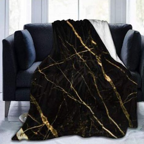 Manta de franela con estampado de mármol negro y dorado, microfibra suave y ligera, apta para todas las estaciones, dimensiones 120 x 150 cm.