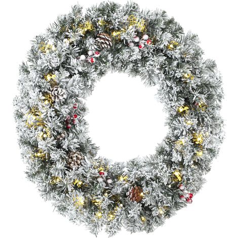 HOMCOM Ghirlanda Natalizia da 60 cm con 50 Luci LED e Rami Innevati, Verde (1/5)