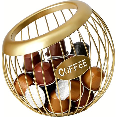 Porte-capsules de café sphérique grande capacité, panier à capsules, bol à fruits en fil métallique, rangement pour collations, idéal pour la maison, la cuisine et le bureau (doré). (1/5)