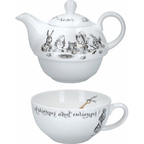 Victoria & Albert Juego de Tetera y Taza Alicia en el País de las Maravillas Para 1 en Caja de Regalo, Juego de Té de China Fina, Blanco, 250ml