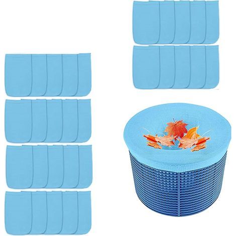 Sacs filtrants pour paniers d'écumoire de piscine, sacs filtrants élastiques à mailles fines, adaptés à la plupart des paniers d'écumoire de piscine, paquet de 30, bleus. (1/4)