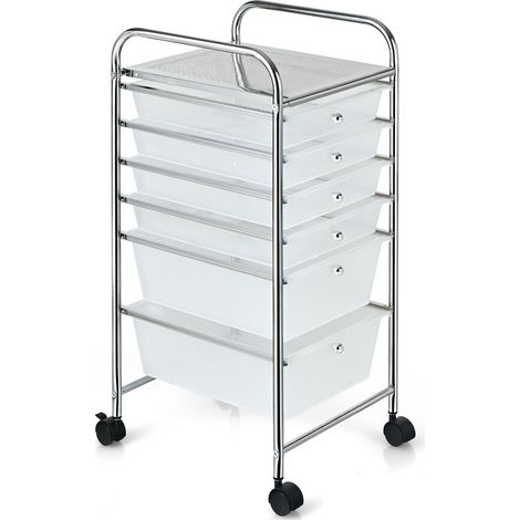 Chariot de rangement transparent à 6 tiroirs en plastique et métal avec roulettes et freins pour bureau, maison et atelier (1/5)