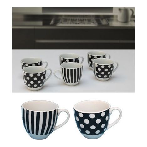 Set 6 Tazzine Tazze caffe' senza piattini Pois Neri e righe nere (1/2)