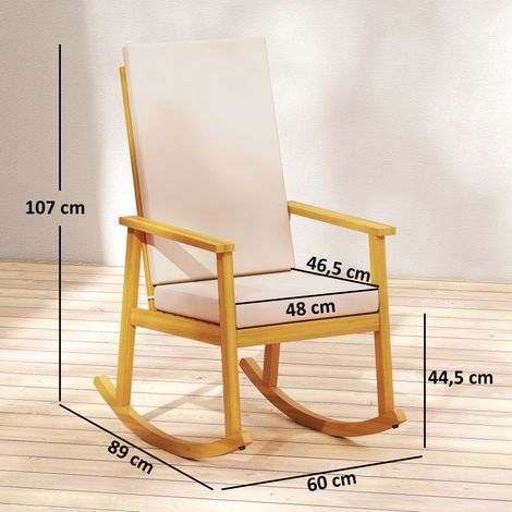 Fauteuil à bascule en bois d'acacia, avec dossier haut et coussin, supportant jusqu'à 160 kg, dimensions : 60 x 89 x 107 cm, beige. (1/5)