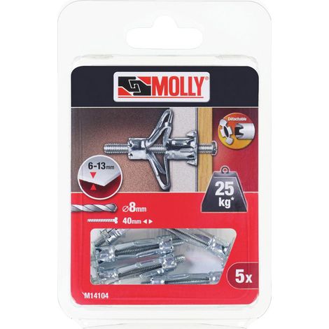 Chevilles métalliques à expansion Ø 4 x 33 mm – M14104 – Charge jusqu'à 25 kg – Pour cloison sèche et brique creuse – Fixation durable – Molly
