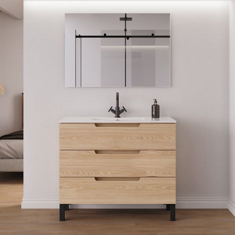 Meuble de salle de bain 100cm simple vasque - 3 tiroirs - roble era (chêne clair) - RIZA (1/5)