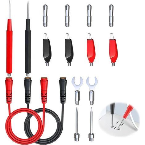 Kit de Fils de Test Multimètre 16 Pièces avec Pince Crocodile et Fiches Banane 4mm Sondes de Test Isolées Pointe de Touche Multimètre Remplaçable pour Diagnostic Automobile et Test Électrique Pro