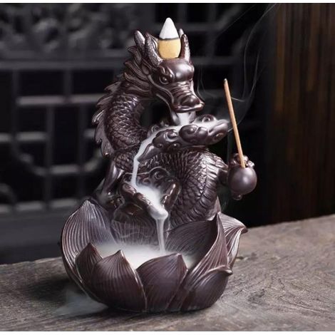 Brûleur d'encens Feng Shui Dragon à reflux / porte-encens cascade en céramique brune 16 cm (1/5)