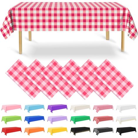 Set mit 6 rechteckigen Einweg-Tischdecken aus Kunststoff – 137 x 274 cm – Pink Vichy – für Party, Verlobung, Hochzeit, Taufe, Geburtstag (1/5)