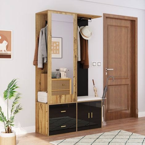 MEUBLIV Garderobe in Schwarz und Holzoptik mit Spiegel, Schuhbank und Stauraum (1/5)