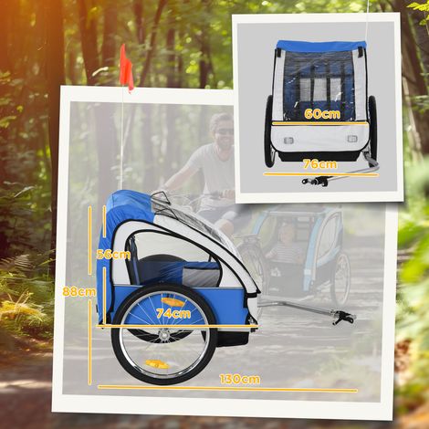 Rimorchio Bici Bambini con 2 Posti, 2 Cinture di Sicurezza, Telaio in Acciaio e Copertura in Tessuto Oxford Blu (1/5)