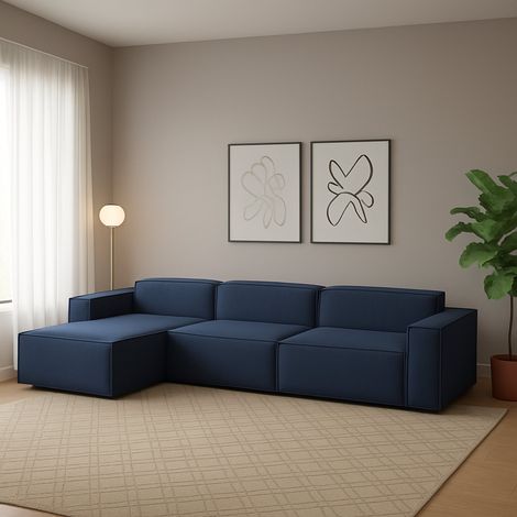 Dmora - Canapé fixe Dgarzy, Canapé modulable 4 places avec péninsule gauche, 100% Made in Italy, Canapé moderne en tissu, Cm 340x170h70, Bleu (1/5)