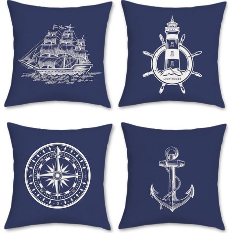 Lot de 4 Housse de Coussin Nautique 45 x 45 cm Bleu Marin Ancre Phare Voilier Boussole Polyester Lin Décoratif Taie d'oreiller pour Canapé Lits Chaises Voiture Salon Maison Décor (1/5)