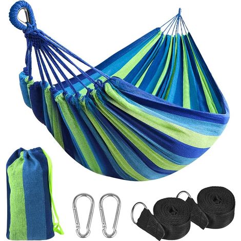 Hamac d'extérieur de Camping, 210 x 150cm Simple ou Double Hamac en Plein air Portable en Toile Charge 300 kg avec Sac de Transport, Sangles et Mousquetons, pour Terrasse, Balcon, Jardin (1/5)