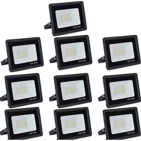 Projecteur LED Exterieur,30W 3000LM Spot LED Extérieur,6000K Lumière Extérieure,IP66 Etanche Eclairage de Sécurité,pour Jardins,Garages,Cours,Parkings,Chantiers,etc(Blanc froid-10pcs,30W)
