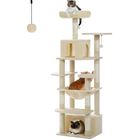Grand arbre et tour pour chats d'intérieur, avec postes à gratter recouvertes de Sisal, hamac spacieux, perchoirs rembourrés et condos, jouets pour chats-136cm-Beige (1/5)