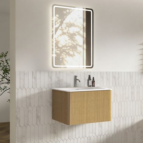 Conjunto de baño suspendido 60 cm con lavabo integrado y espejo LED 60 x 80 cm roble (1/5)
