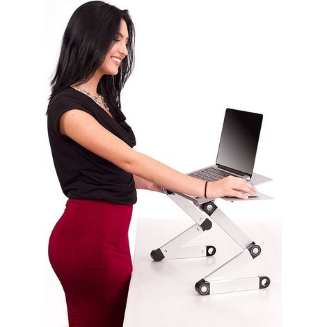 Verstellbarer Laptopständer, höhenverstellbar, faltbar, aus Aluminium, mit Kühlsystem, geeignet für Schreibtische und Betten, silberfarben.
