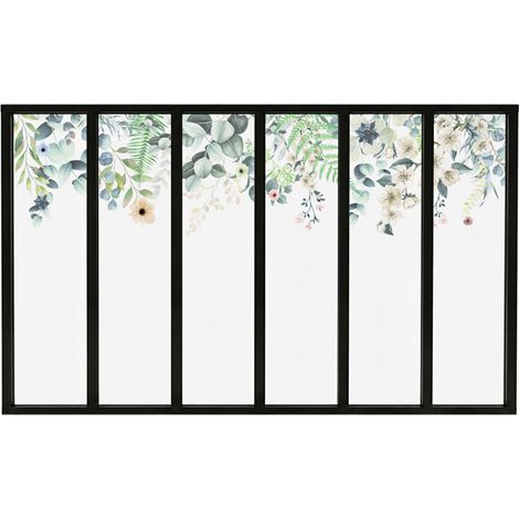Verrière atelier intérieure aluminium noir 6 vitrages 201 x 117 cm - Décor végétal - Flowers in Rain - vert et transparent - Verre trempé (1/5)