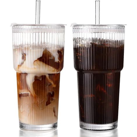 Gobelets à café glacé en verre côtelé avec couvercle et paille lot de 2 590 ml anti-fuites style vintage (1/5)