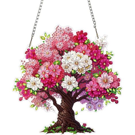5D Diamantmalerei Anhänger Blumenbaum Fensterbild mit Kette DIY Bastelset