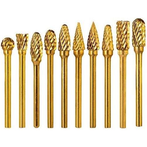 Satz mit 10 doppelschneidigen Titan-Hartmetall-Rotationsfräsern – 3 mm Schaft – 6 mm Kopf – Vollhartmetall – Für Druckluftschleifer, Metallbearbeitung und Polieren (1/4)