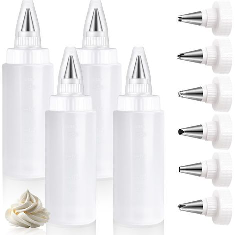 Lot de 4 flacons à douille avec 6 embouts en acier inoxydable - Pour glaçage, biscuits, crêpes, colorants, aliments (170 g) (transparent) (1/5)