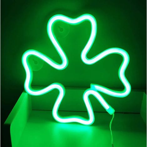 Enseigne lumineuse LED néon trèfle à quatre feuilles, veilleuse USB à piles, décoration murale pour chambre, salle de jeux, bar ou fête (1/4)