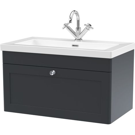 Swynnerton Traditional 1 Drawer Wall Hung Vanity Unit with Fireclay Basin, Dark Grey, 800mm