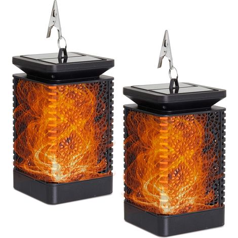 Lampe solaire décorative de jardin, lanterne LED d'extérieur à effet flamme vacillante, décoration lumineuse pour balcon, pergola, tonnelle ou table, lot de 2 lanternes rechargeables à suspendre (1/5)