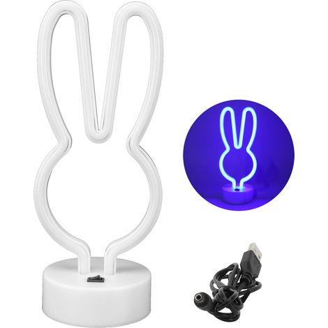 Lampe Neon LED Forme Rabbit Décor Luminaire de Table et Chevet avec Base USB/Batterie Bleu ABS+PVC 28cm